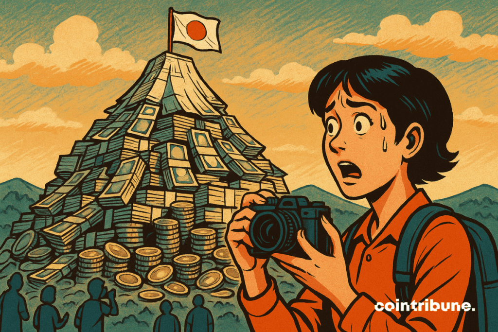 Mujer japonesa delante de una montaña de billetes con la forma del monte Fuji.