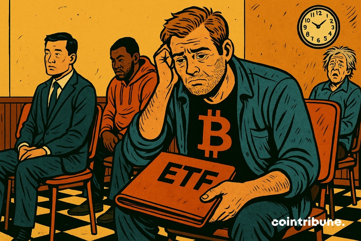 Um homem triste em uma sala de espera com uma pasta de ETF de criptomoedas na mão.