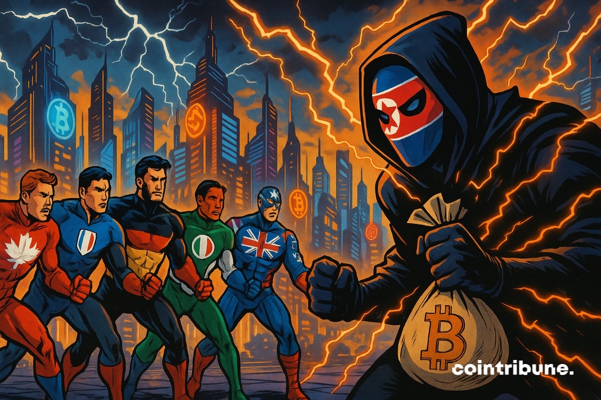 Miembros del G7 como superhéroes que luchan contra un villano enmascarado de Corea del Norte que roba criptomonedas.