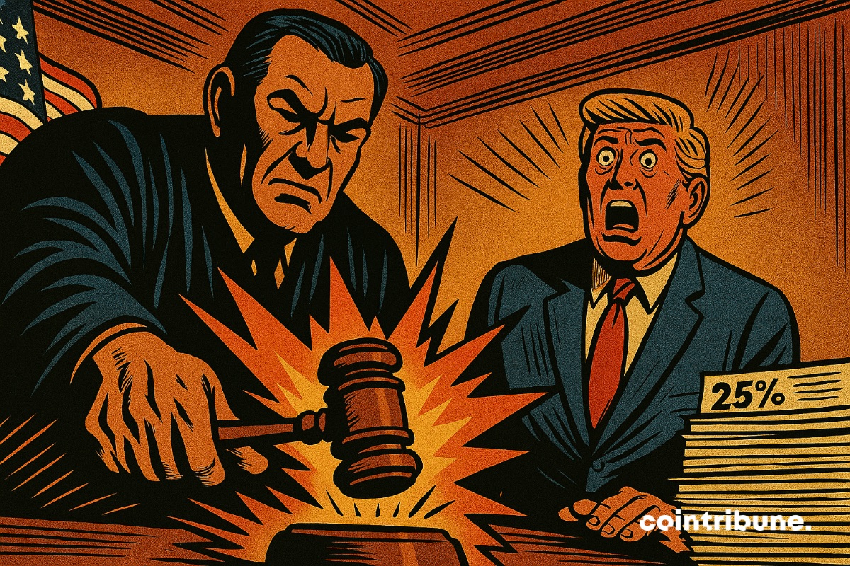 A judge bangs his gavel hard on a tariff ruling, Donald Trump looks on in shock.