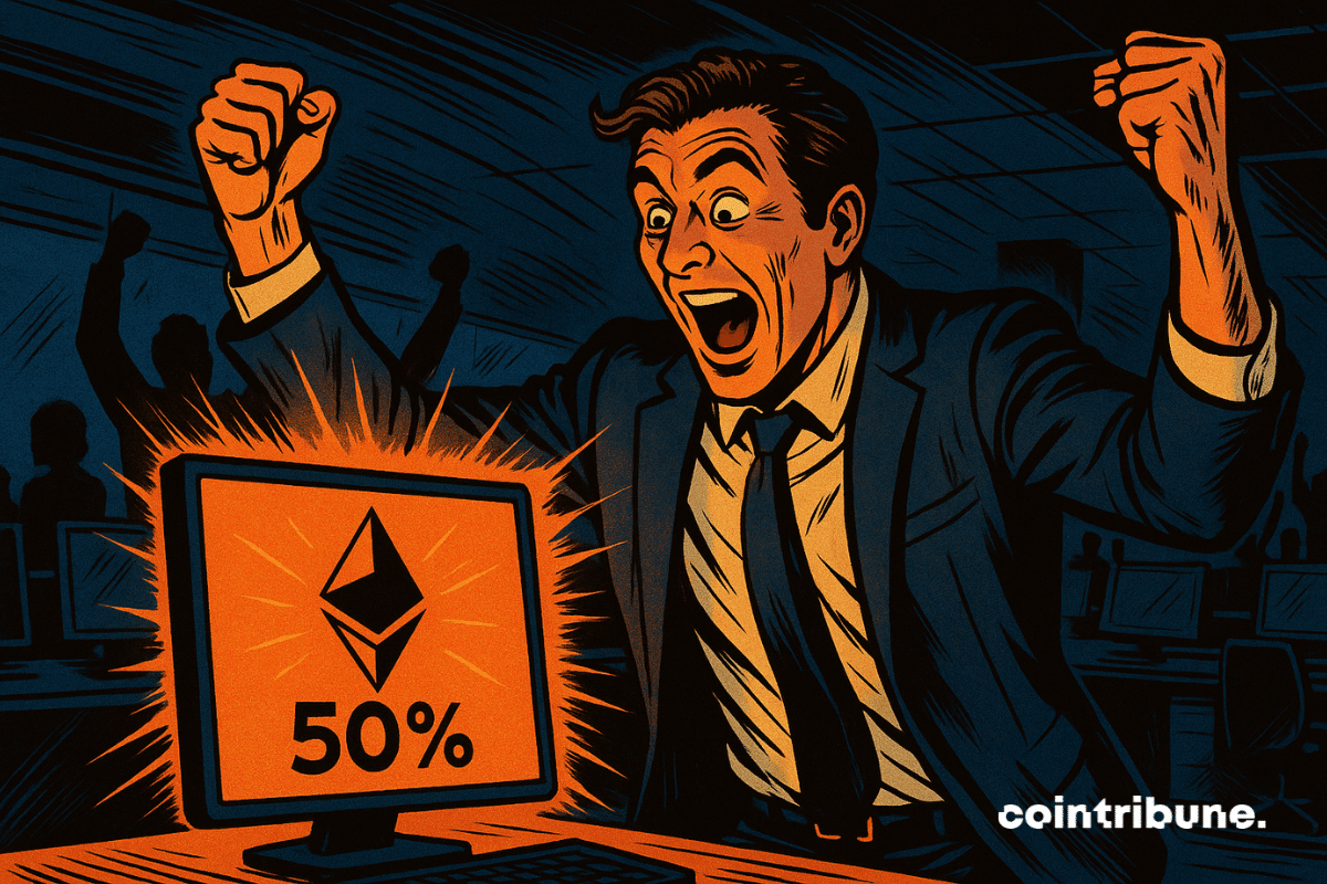 A trader in a suit, sleeves rolled up, dynamic posture leaning forward, arms raised in victory, expression of pure euphoria and positive surprise. Computer screen clearly displaying the Ethereum logo.