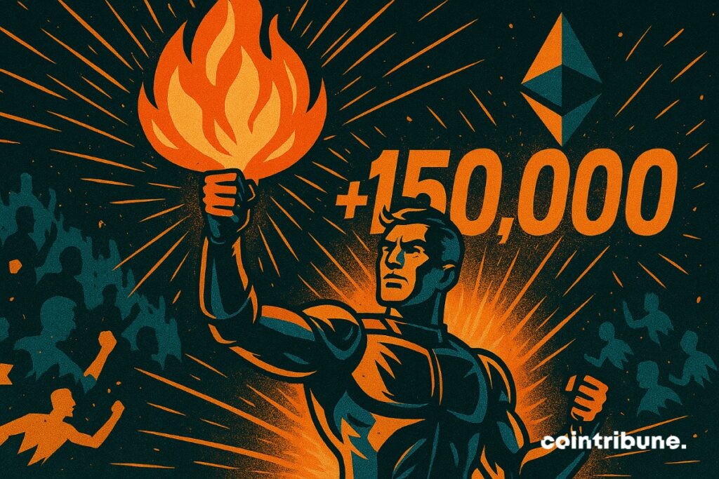 Un validador de Ethereum con una llama en la mano y una multitud de validadores en el fondo aplaudiendo.
