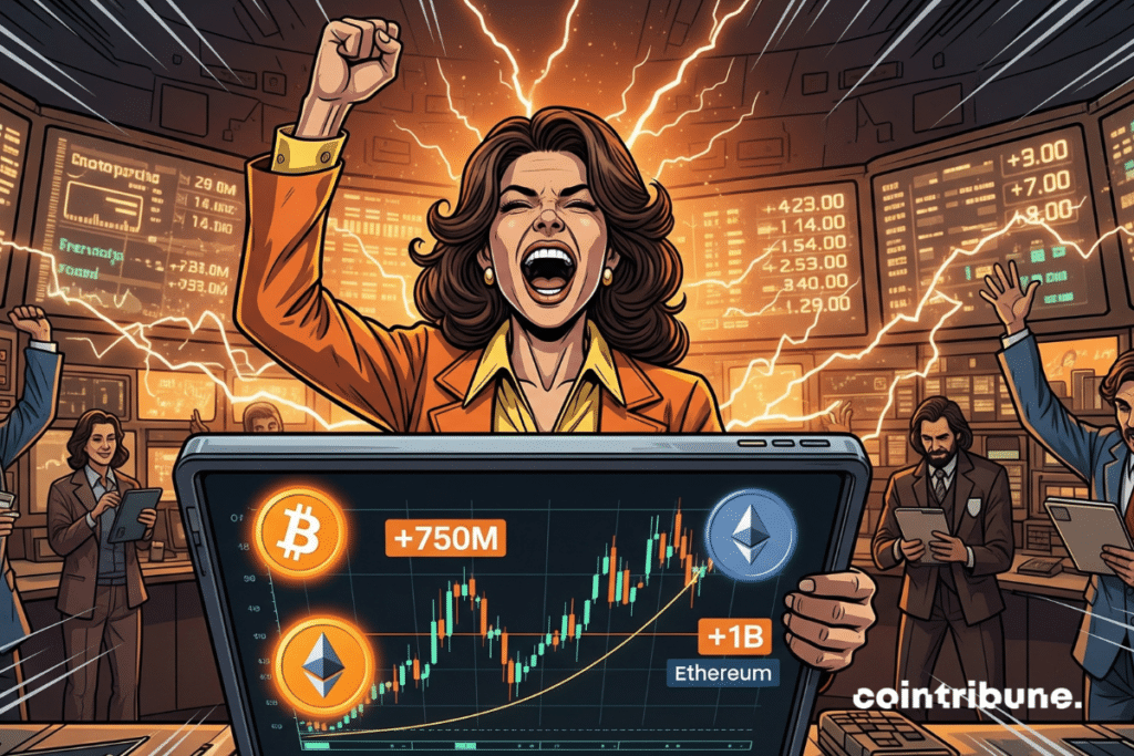 Un corredor entusiasmado celebra la explosión de los flujos de ETF de Bitcoin y Ethereum