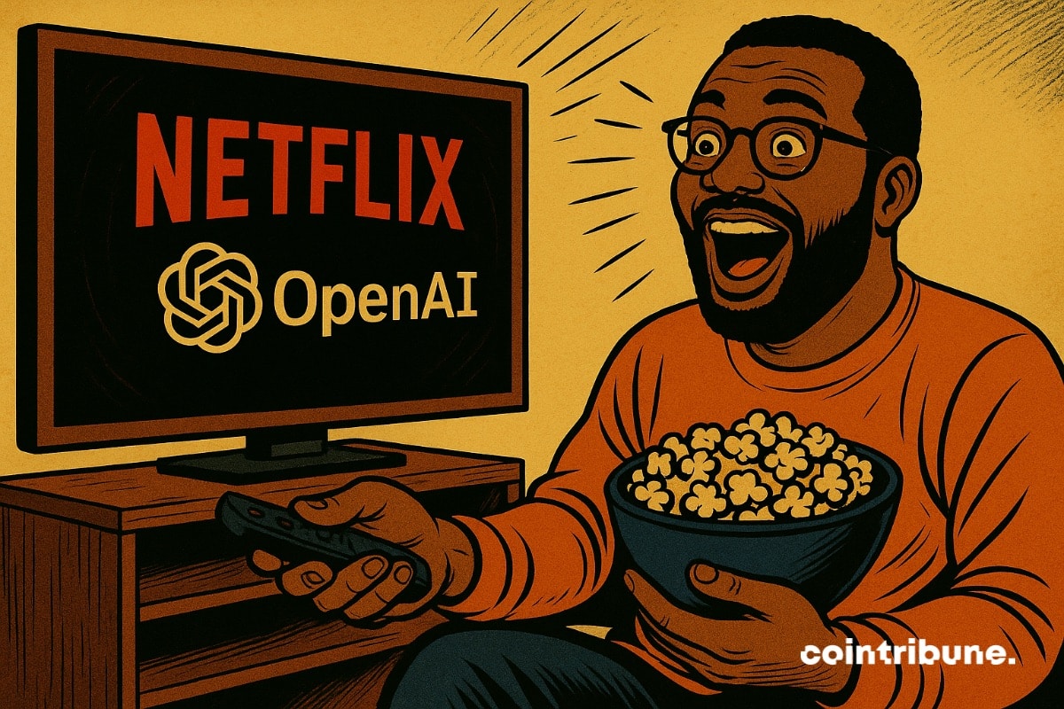 A Netflix user in front of a television displaying the Netflix logo and that of the AI ​​company OpenAI… signifying the partnership between the two entities.