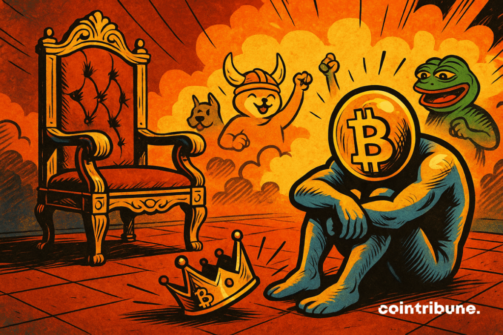 Plan large d’un trône vide, ambiance crépusculaire, avec lumière rasante. Un personnage anthropomorphisé représentant la crypto, silhouette dorée/bronze, assis à terre, l’air désabusé. Une couronne tombée au sol avec le logo Bitcoin dessus.
