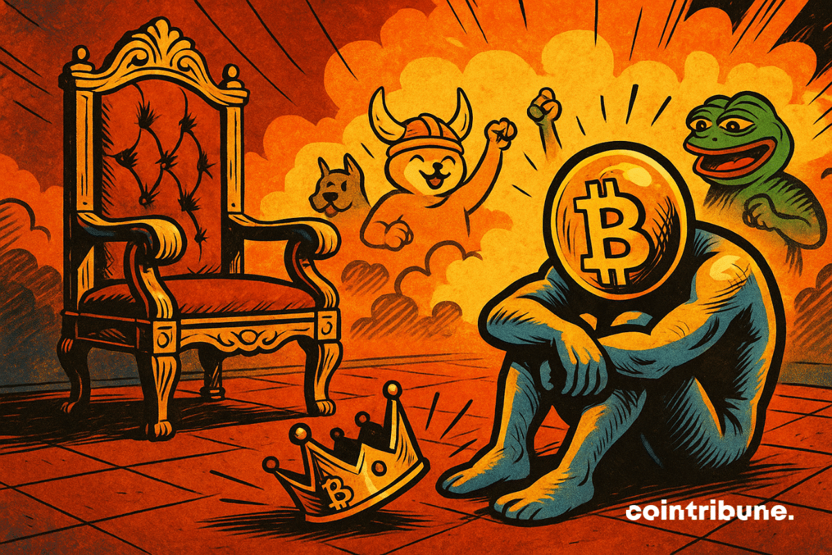 Wide shot of an empty throne, twilight setting, with low-angled light. An anthropomorphized figure representing memecoins, a golden/bronze silhouette, sits on the ground, looking disillusioned. A fallen crown with the Bitcoin logo on it.