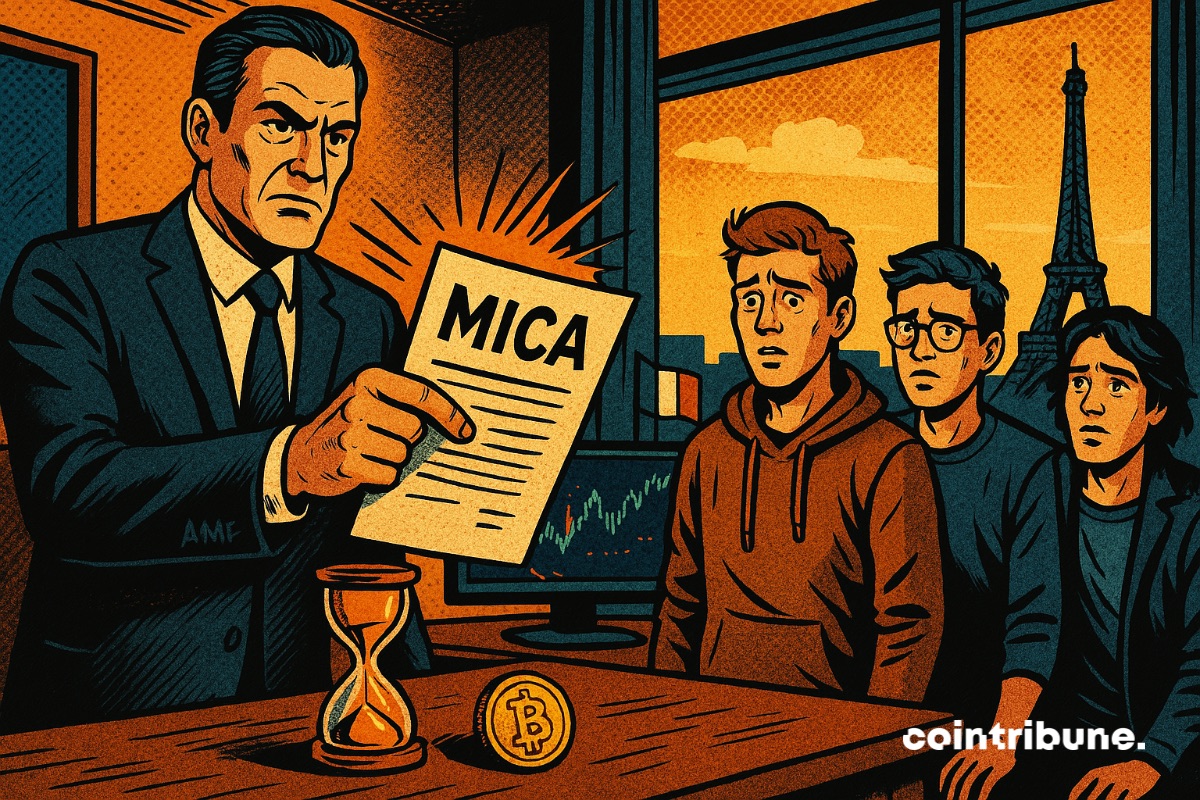 Um representante da AMF brandindo um documento MiCA para players de cripto franceses.
