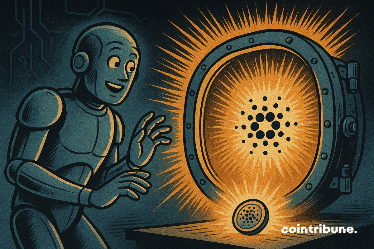 A robot excitedly discovers a glowing chest containing the Cardano logo, radiating intense energy in a dark futuristic setting.