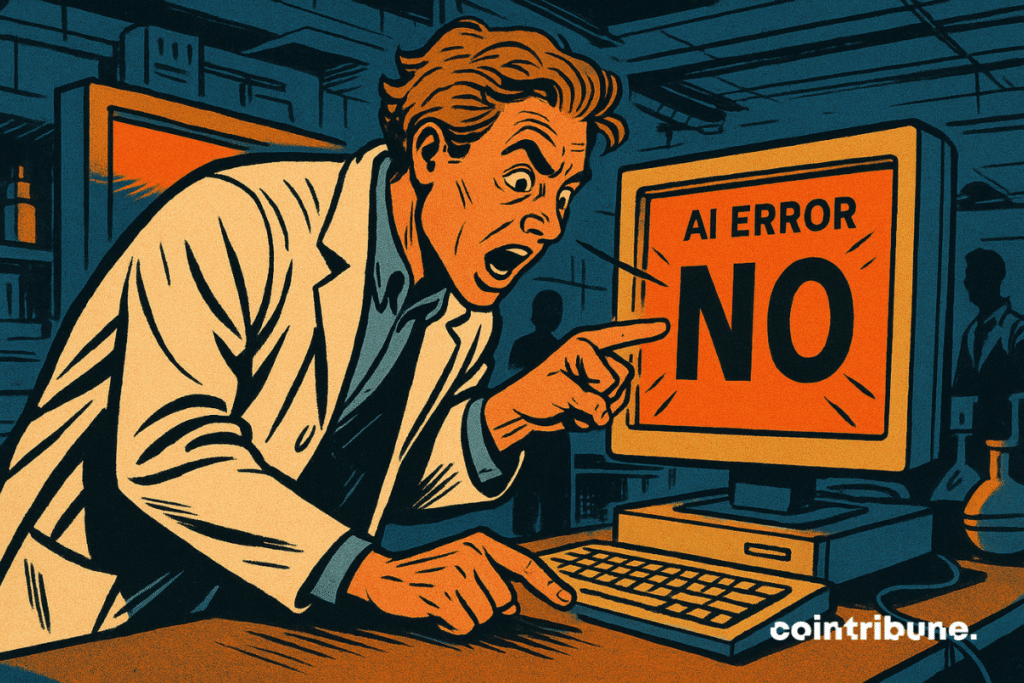 MIT researcher in lab coat, pointing with an expression of discovery, leaning forward, focused and revealing gaze. Computer screen displaying AI error with misinterpreted "NO"