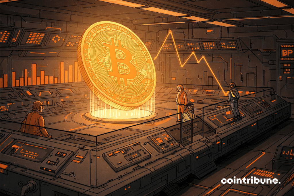 Una bolsa casi vacía, con unos pocos operadores y un Bitcoin brillante flotando sobre ella.