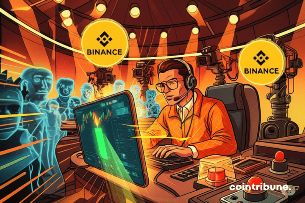 Un intenso comerciante de criptomonedas en un estudio futurista de los años 70