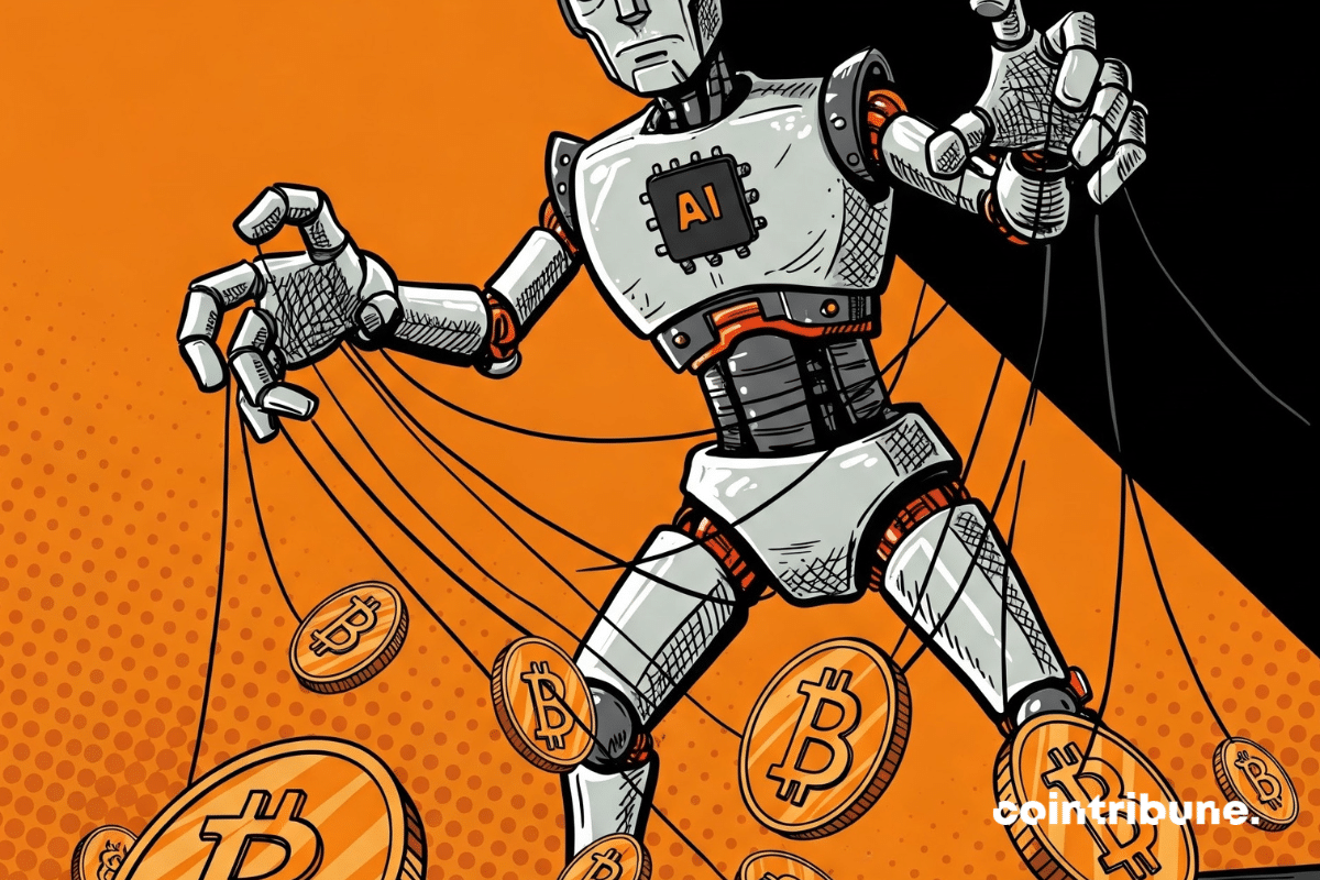 A giant AI pulling cables connected to floating cryptos