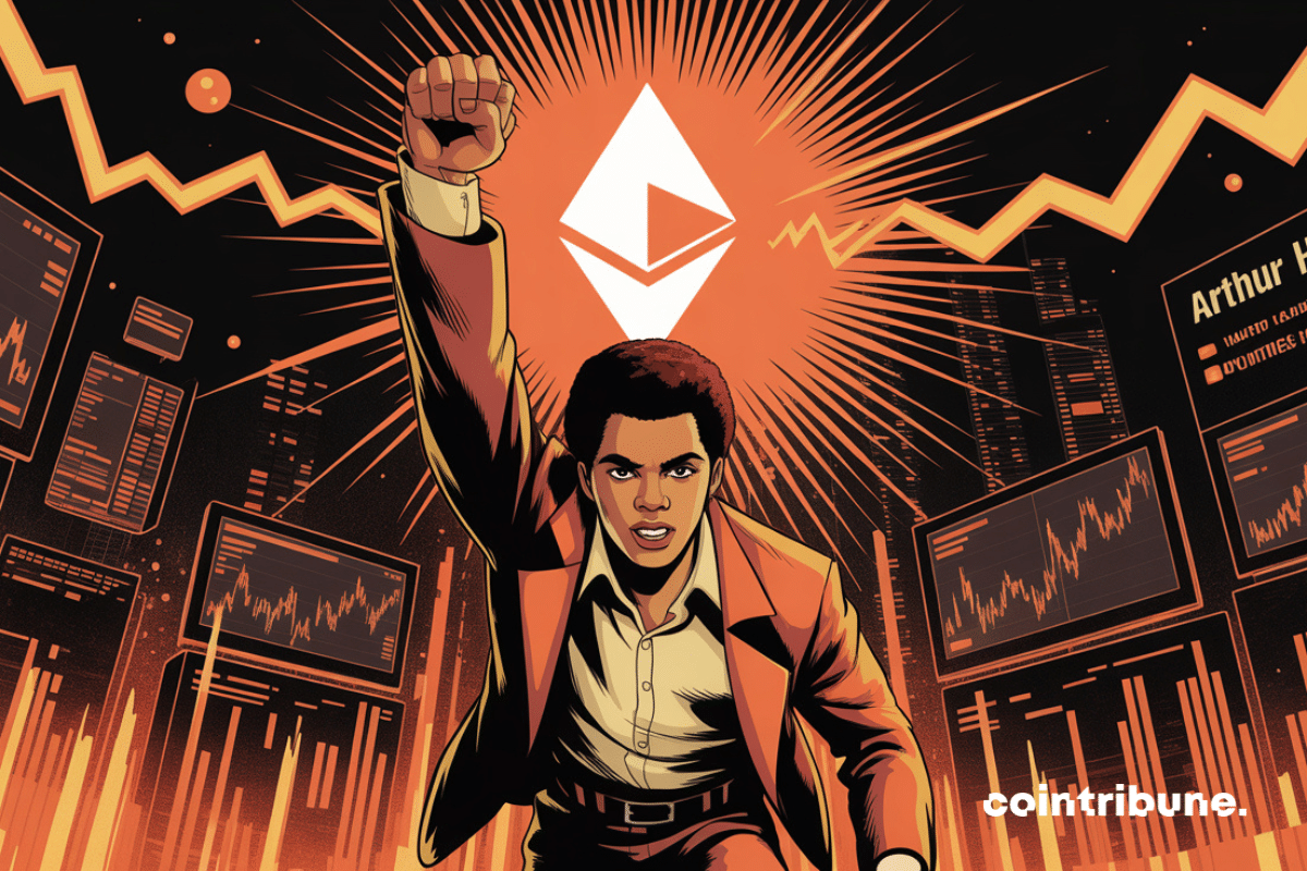 Arthur Hayes, fist raised towards an Ethereum, against a backdrop of soaring financial charts