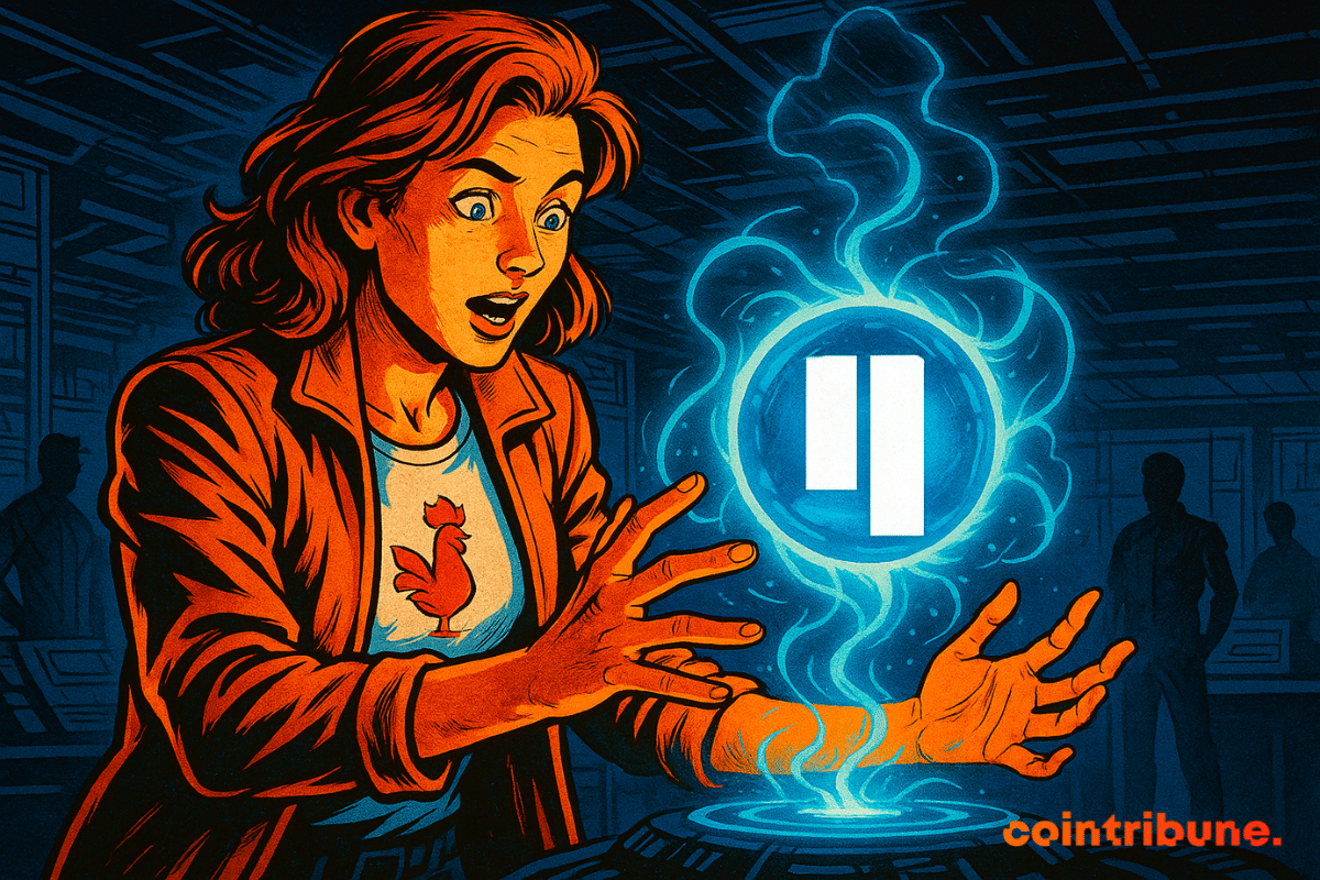 A surprised woman wearing a rooster T-shirt interacts with a glowing futuristic orb displaying the Qubic logo, surrounded by blue energy, in a tech lab.