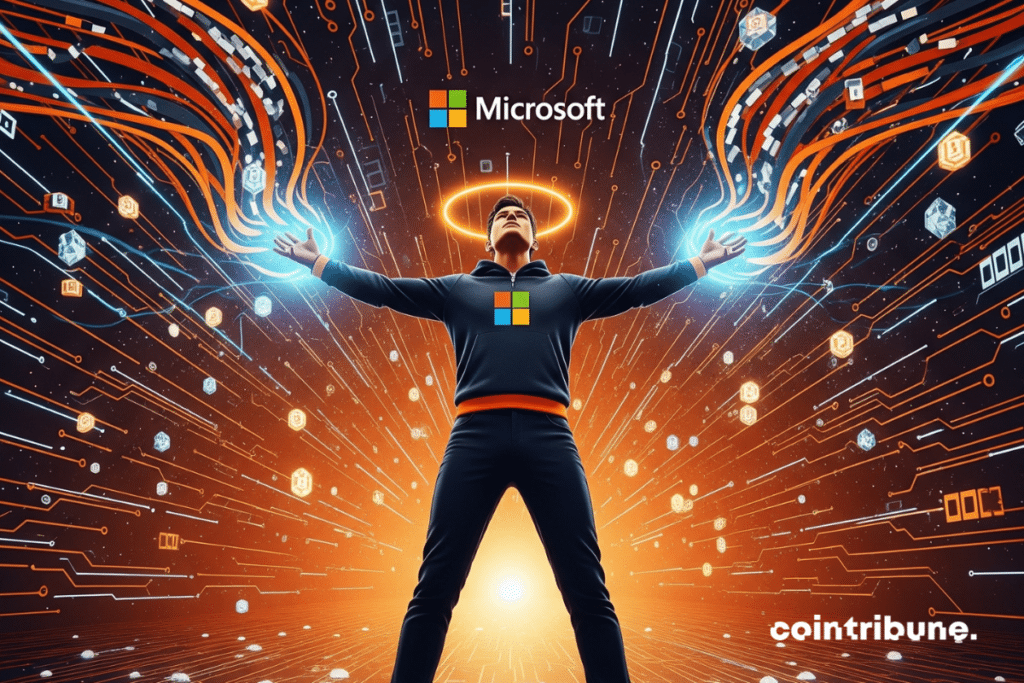 Un avatar stylisé Microsoft, debout au centre d’un sol digital aux motifs blockchain avec les bras grands ouverts