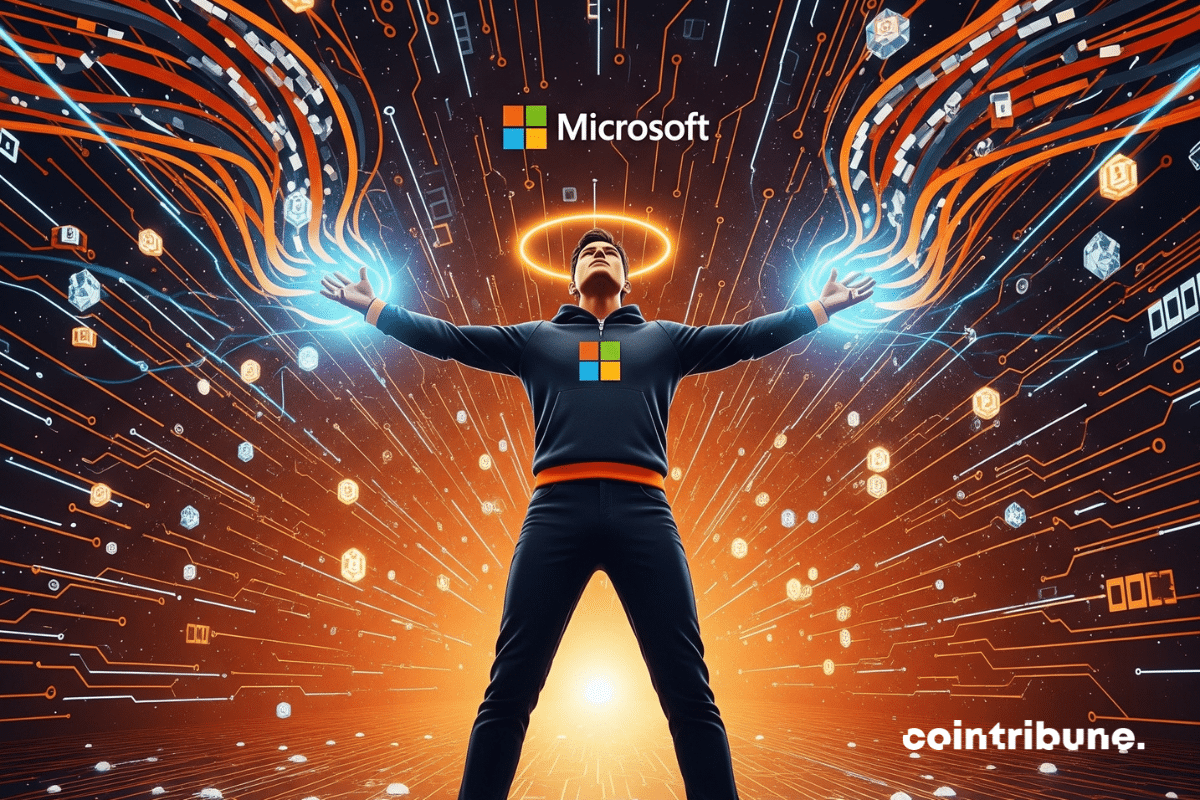 A stylized Microsoft avatar, standing in the center of a blockchain-patterned digital floor with arms wide open
