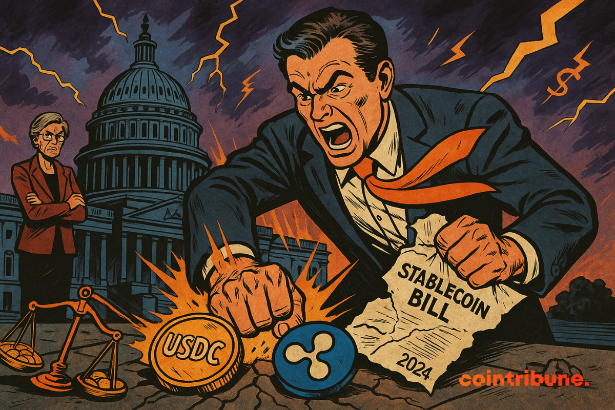 An angry man tears up a paper labeled “Stablecoin Bill 2024” while slamming his fist on USDC and Ripple coins in front of the U.S. Capitol, with Senator Warren watching.