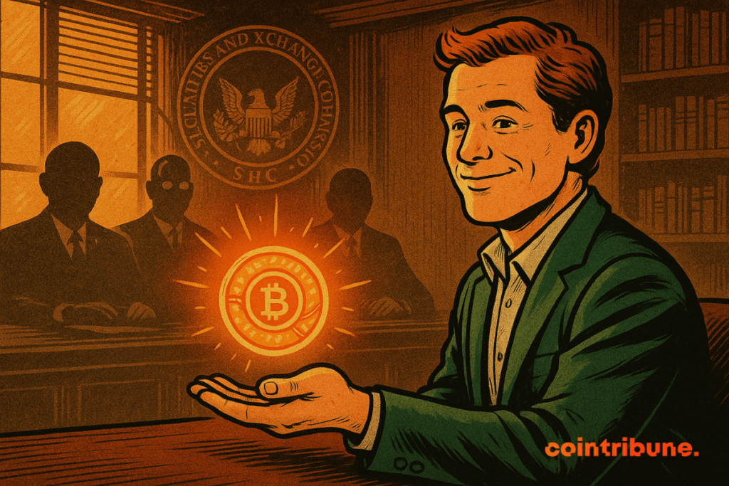 Um homem confiante de terno apresenta um token Bitcoin brilhante em uma sala de reuniões, com funcionários da SEC e o selo oficial ao fundo.