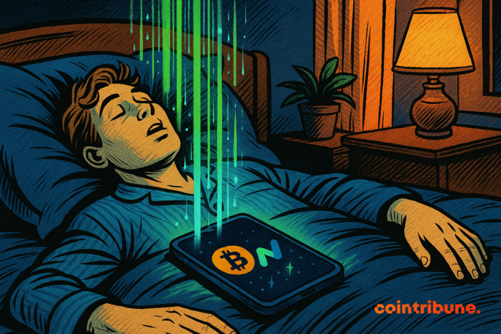 Un hombre duerme tranquilamente en la cama con un teléfono brillante sobre su pecho que muestra Bitcoin y el logo de Runbot, mientras rayos de luz verde fluyen hacia él desde arriba.