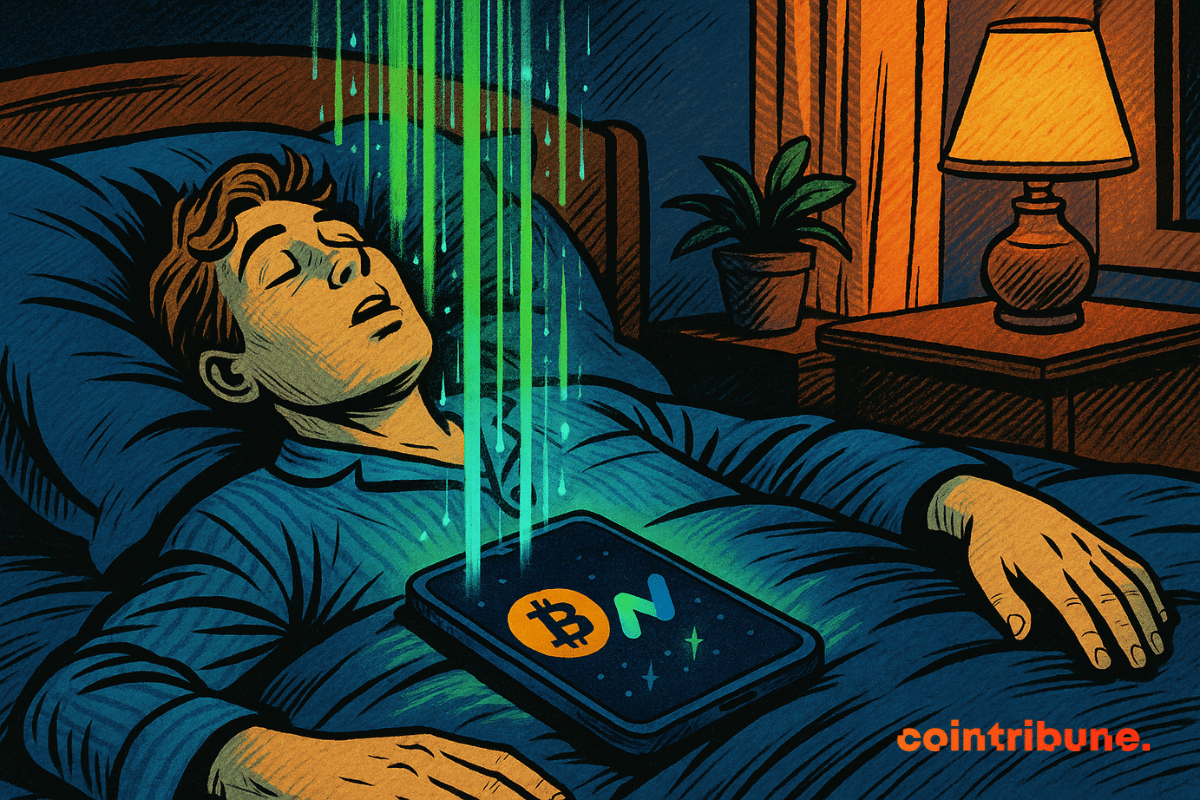 Um homem dorme pacificamente na cama com um telefone brilhante no peito exibindo Bitcoin e o logotipo da Runbot, enquanto raios de luz verde fluem em sua direção vindos de cima.