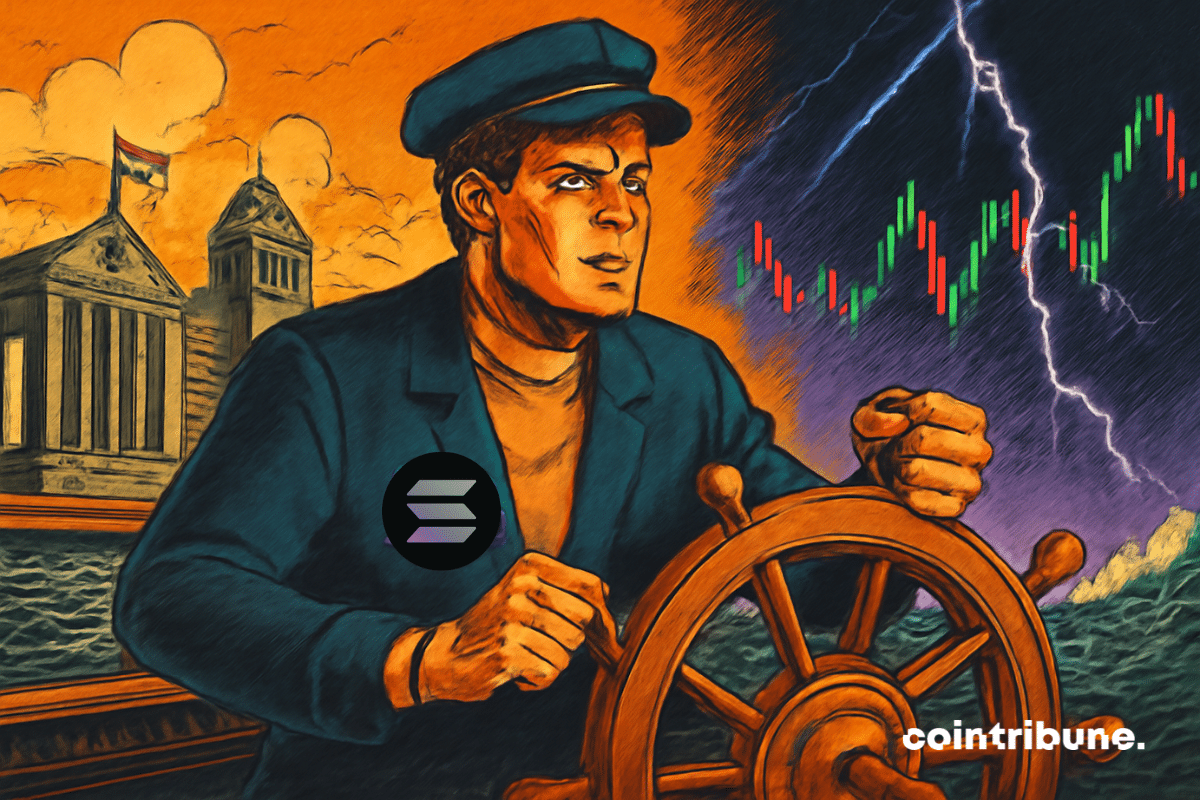 Solana is a charismatic captain, a human-like figure in a half-tech, half-classic suit, a navy blue jacket with a large, glowing Solana logo on his chest. He firmly grips a shiny metal rudder adorned with an orange halo. His face expresses intense concentration, his brows furrowed, his jaw set, ready to face any challenge.