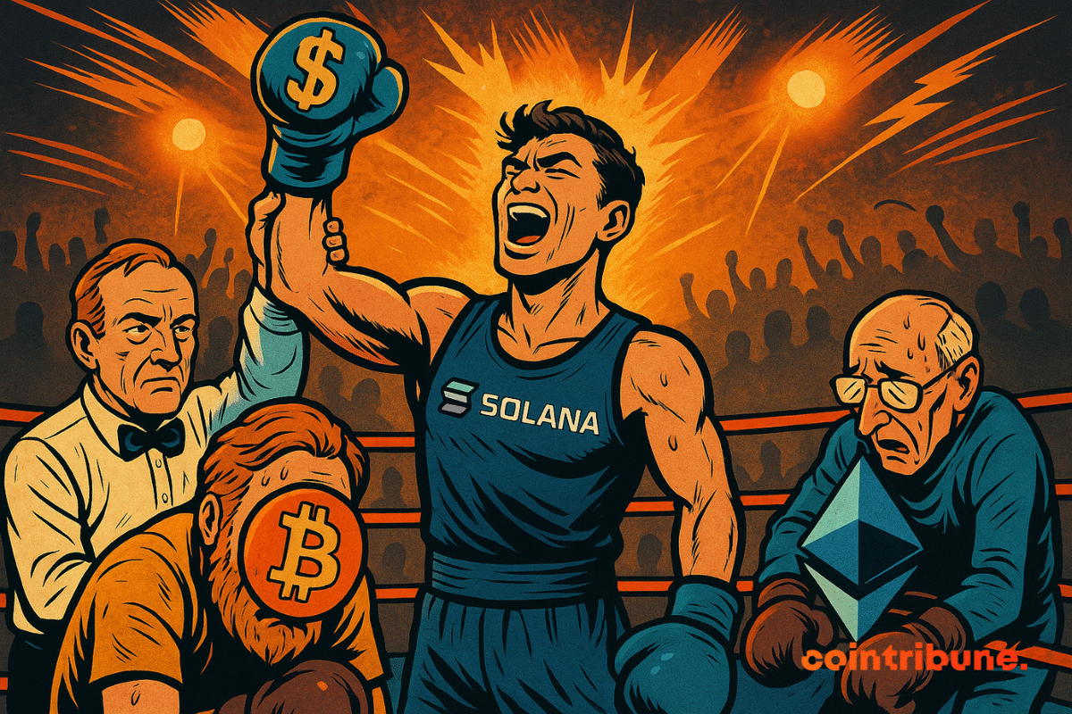 In a boxing ring, a triumphant Solana fighter raises a fist gloved with a dollar sign, while exhausted Bitcoin and Ethereum bow before the eyes of the audience and a referee.