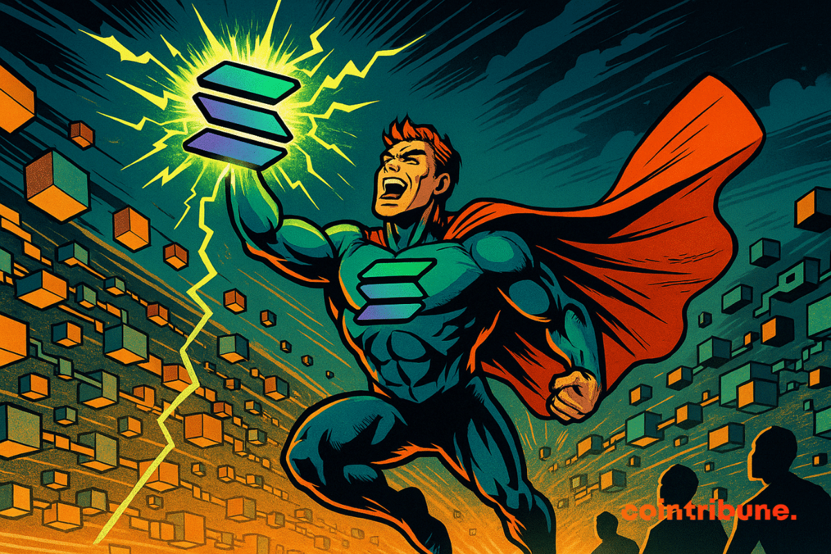 A powerful superhero in a blue and orange costume, sporting the Solana logo on his chest and wielding a glowing symbol, flies heroically through a universe filled with digital blocks and energy.