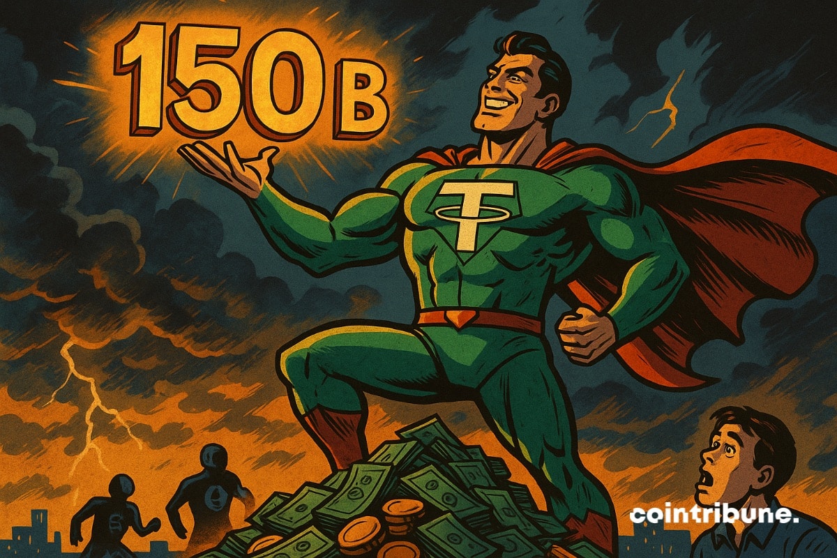 A Tether superhero in a heroic pose on a pile of bills with 150 billion shining on his right hand.