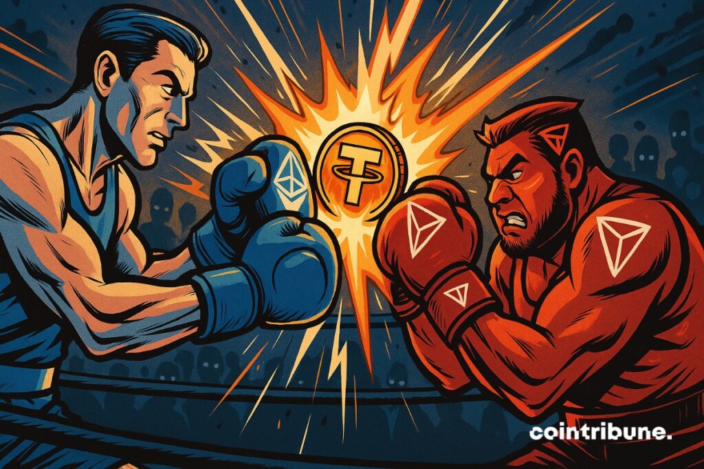 Deux combattants Tron et Ethereum qui se battent pour devenir numéro 1 des stablecoins, avec Tether (USDT) au centre du conflit.