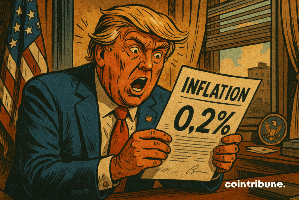Salão Oval, iluminado por uma luz brilhante e centralizada. Trump inclinado sobre uma tela gráfica. Atônito, com a boca entreaberta e as sobrancelhas erguidas. Gráfico de inflação, com “0,2%” em números.