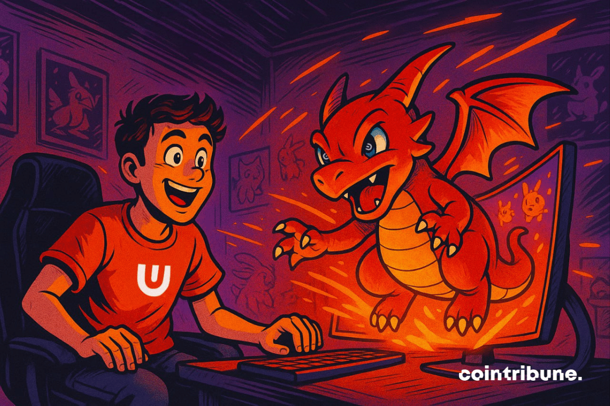 Um jogador atordoado vê uma criatura flamejante semelhante a um dragão aparecer na tela em uma sala mal iluminada, decorada com arte inspirada em Pokémon.