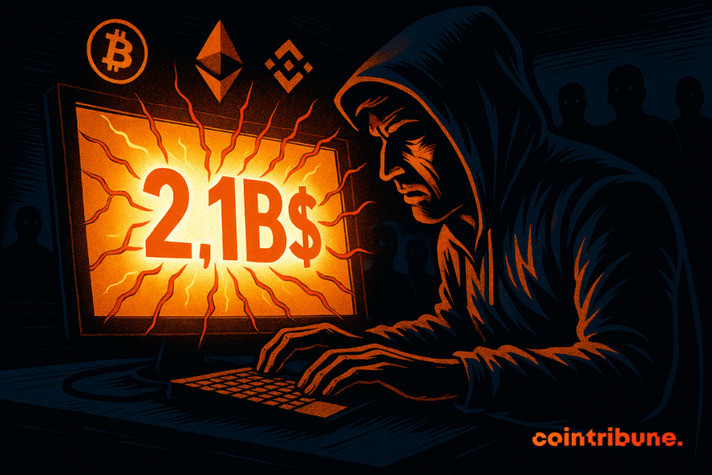 A masked hacker in front of a screen displaying ".1 billion," with cracks and logos of popular cryptocurrencies in the background.