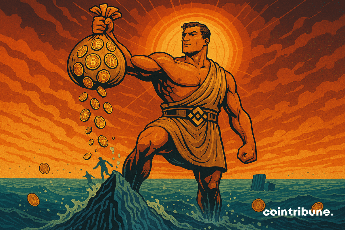 Giant representing Binance standing on a sea, holding a bag full of bitcoins