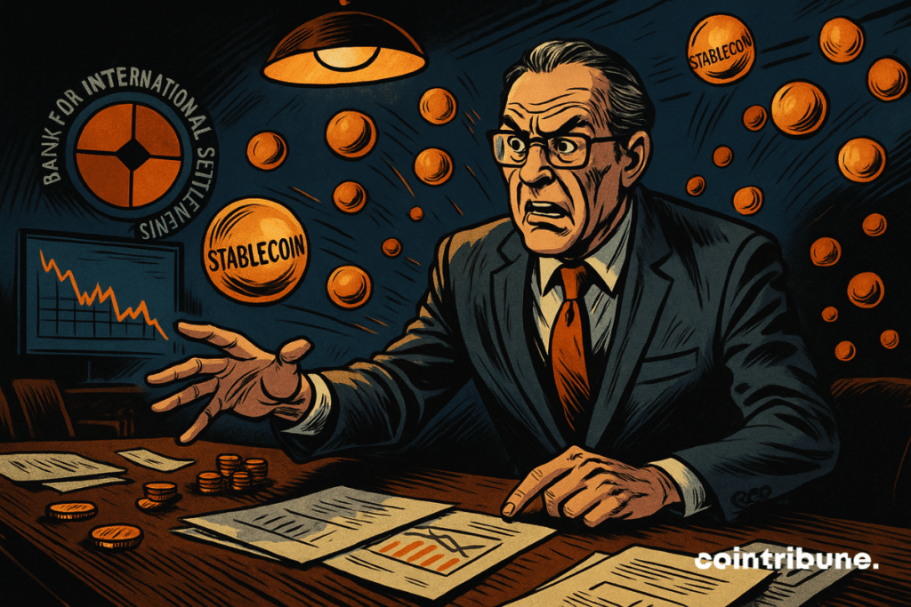 An alarmed BIS regulator points to floating stablecoins in a gloomy environment, symbolizing the financial threat.