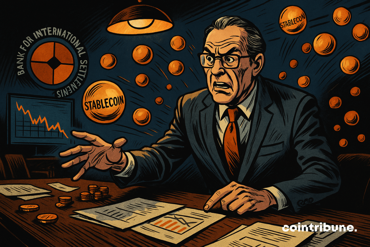 An alarmed BIS regulator points to floating stablecoins in a gloomy environment, symbolizing the financial threat.