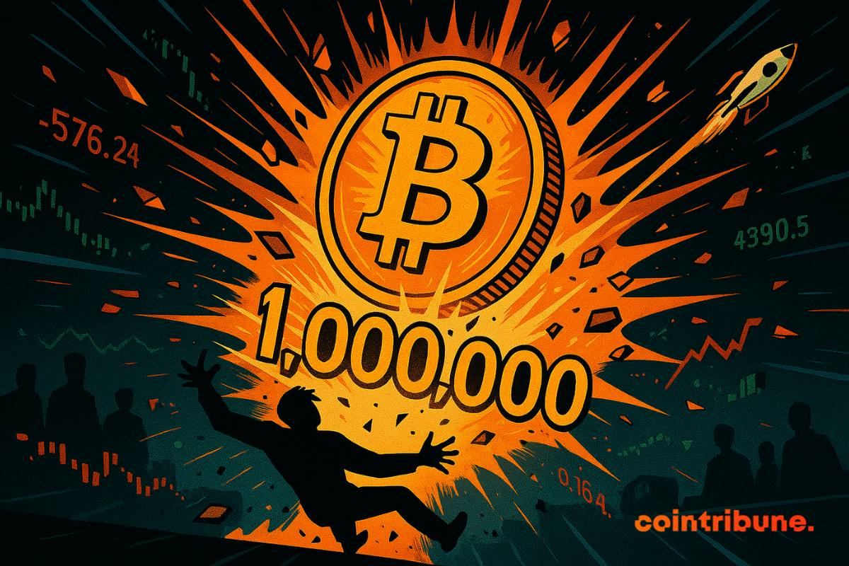 Moeda Bitcoin explodindo como uma supernova, abaixo está o número 1 milhão
