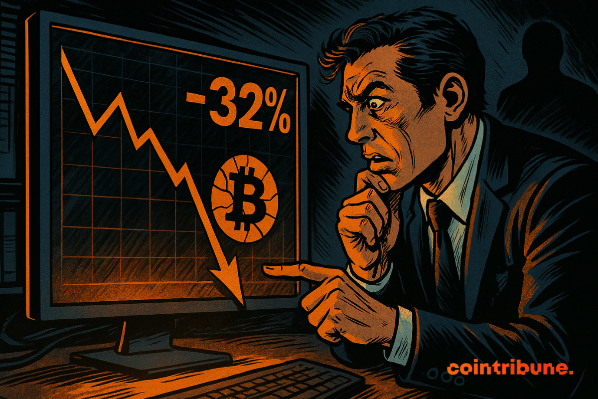 Um analista preocupado observa um gráfico de Bitcoin caindo 32%, com uma silhueta sinistra ao fundo, criando uma atmosfera tensa.