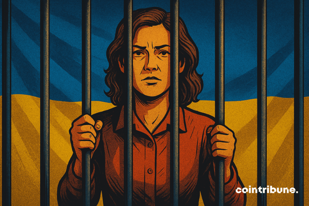 Uma mulher está atrás das grades com expressão firme, diante de uma bandeira da Ucrânia — representação de um golpe cripto ligado à guerra.