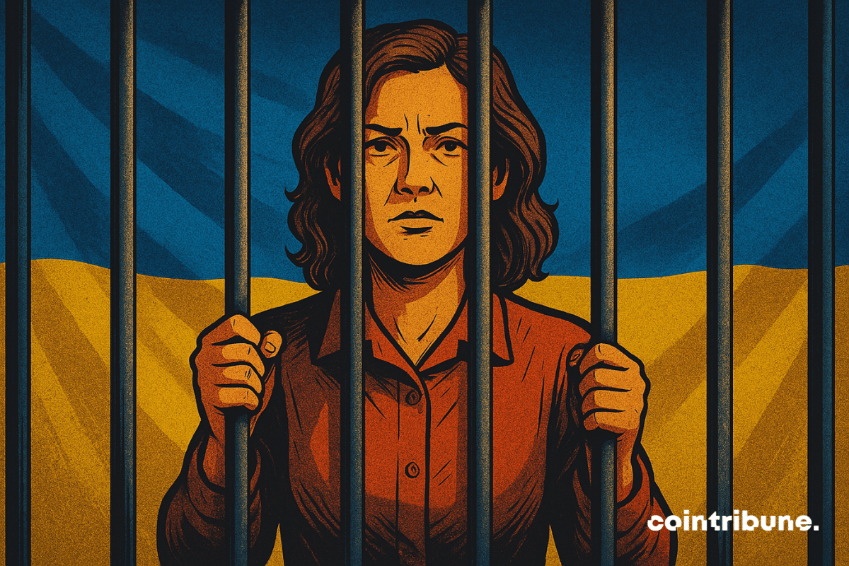 Uma mulher está atrás das grades com expressão firme, diante de uma bandeira da Ucrânia — representação de um golpe cripto ligado à guerra.