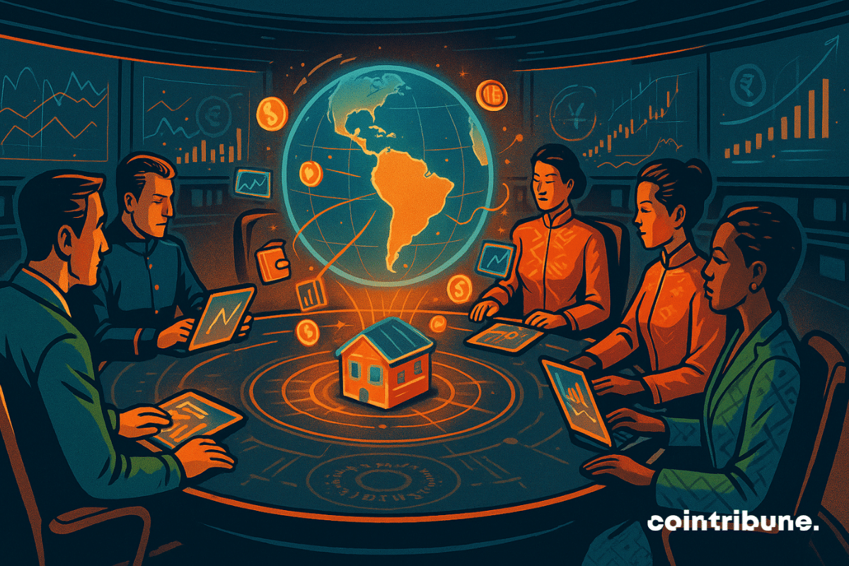 Five BRICS representatives sit in front of a holographic tablet projecting investment data, symbolizing the platform launched by Putin and Xi. Their faces are lit by the glow of the globe, highlighting their active commitment.