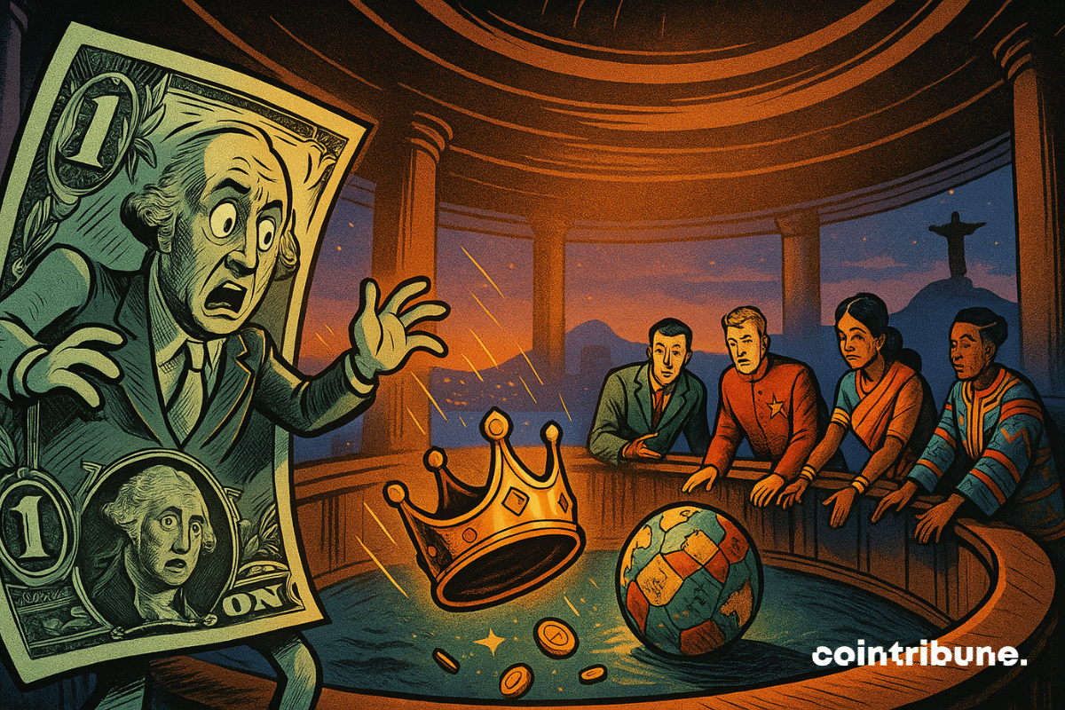 A gigantic personified 1-dollar bill, with an animated and surprised face of George Washington, is shown dropping a golden crown. A multicolored floating sphere in the center of the table symbolizes a rising currency. BRICS representatives are leaning toward the new monetary sphere.
