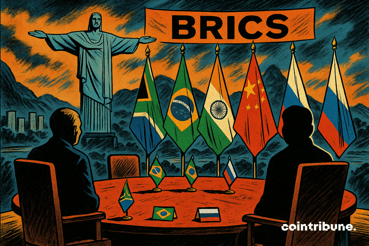 Two symbolic chairs (Russia, China) are empty at the BRICS summit in Rio. The chairs are adorned with the silhouettes or shadows of Xi and Putin in the background. Christ the Redeemer overlooks the stage.