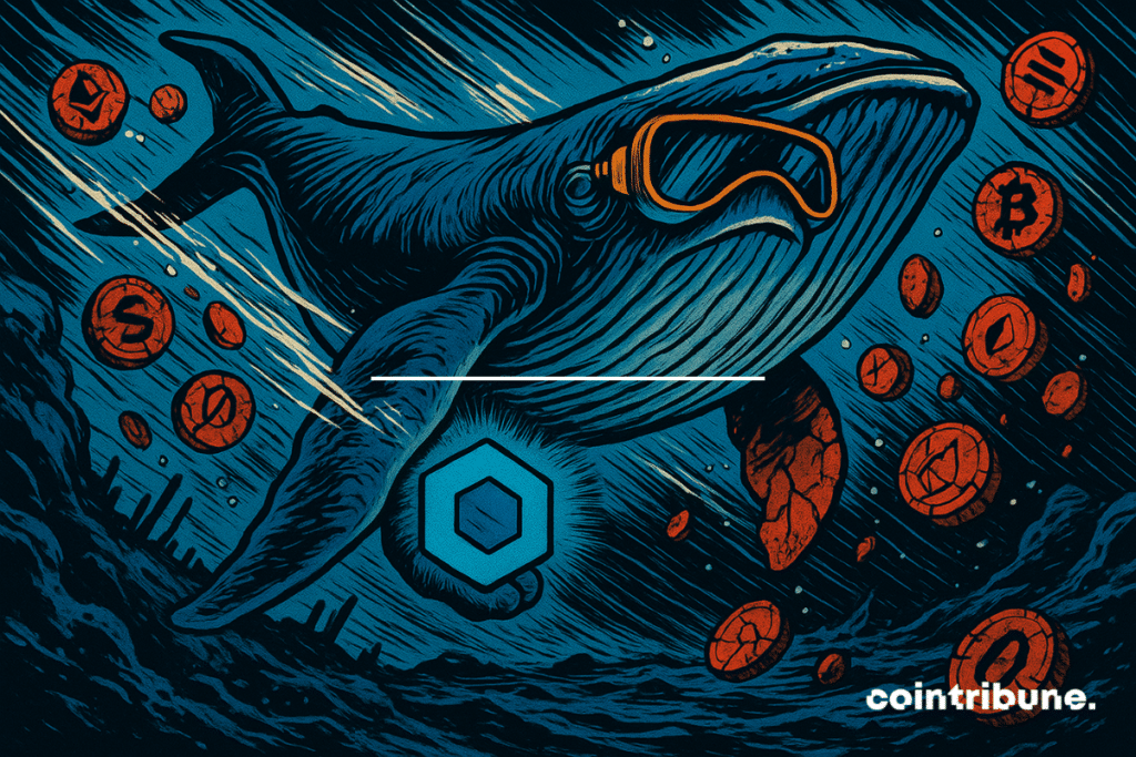 L’image montre une immense baleine qui tient un logo lumineux de la crypto Chainlink.