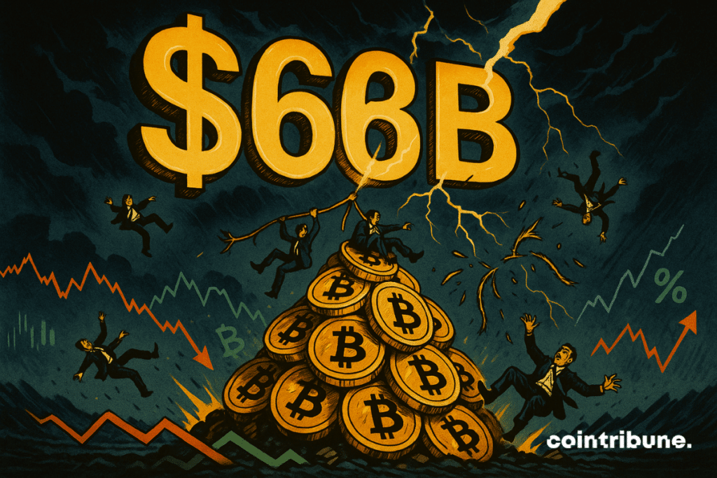 A imagem mostra um gigantesco “US$ 96 bilhões” dourado iluminando um céu tempestuoso acima de uma montanha instável de Bitcoins.