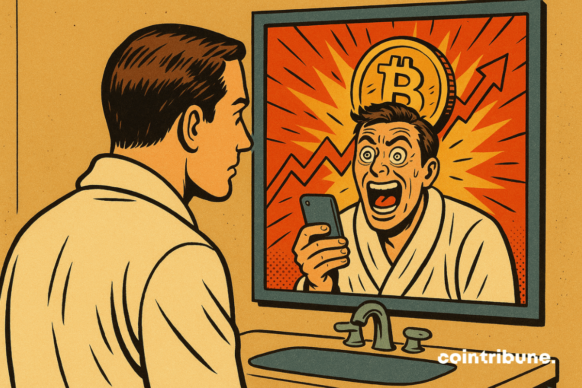 Um investidor de Bitcoin de roupão está em frente a um espelho. Seu reflexo no espelho demonstra um estado de frenesi (olhos arregalados, smartphone na mão, lucros ao fundo).