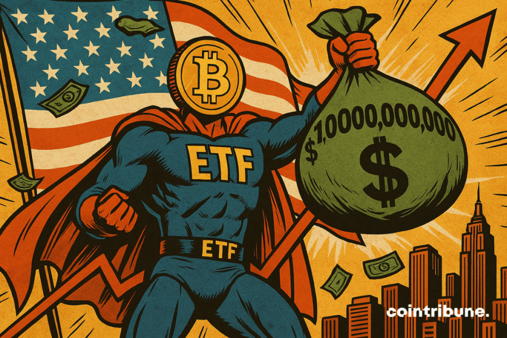 A muscular superhero with a Bitcoin head, dressed in a suit labeled "ETF", brandishes a bag.