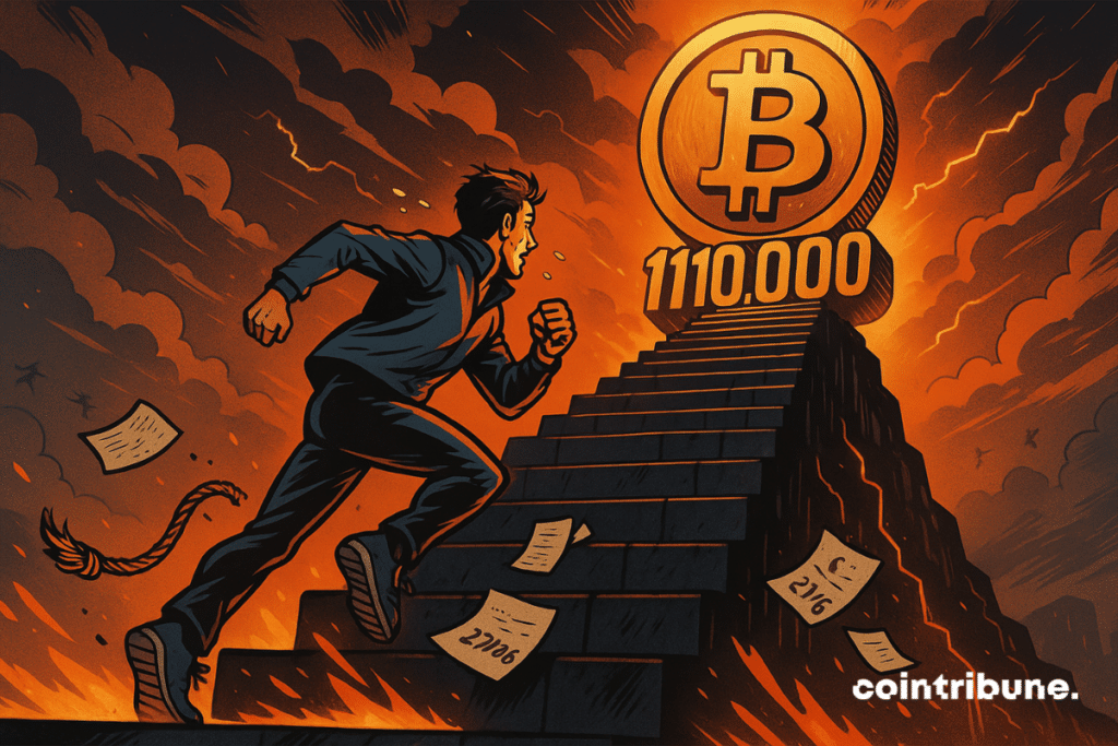 Uma escadaria monumental feita de placas digitais laranja e pretas se eleva em direção a um céu dramático e ameaçador. A escada leva a um enorme Bitcoin dourado flutuando entre as nuvens, discretamente marcado com “110.000 $”, como um graal distante. Um investidor sobe correndo pela escada.