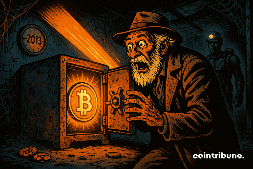 Um velho atordoado descobre um baú enferrujado iluminado por um símbolo dourado do Bitcoin numa cave escura.