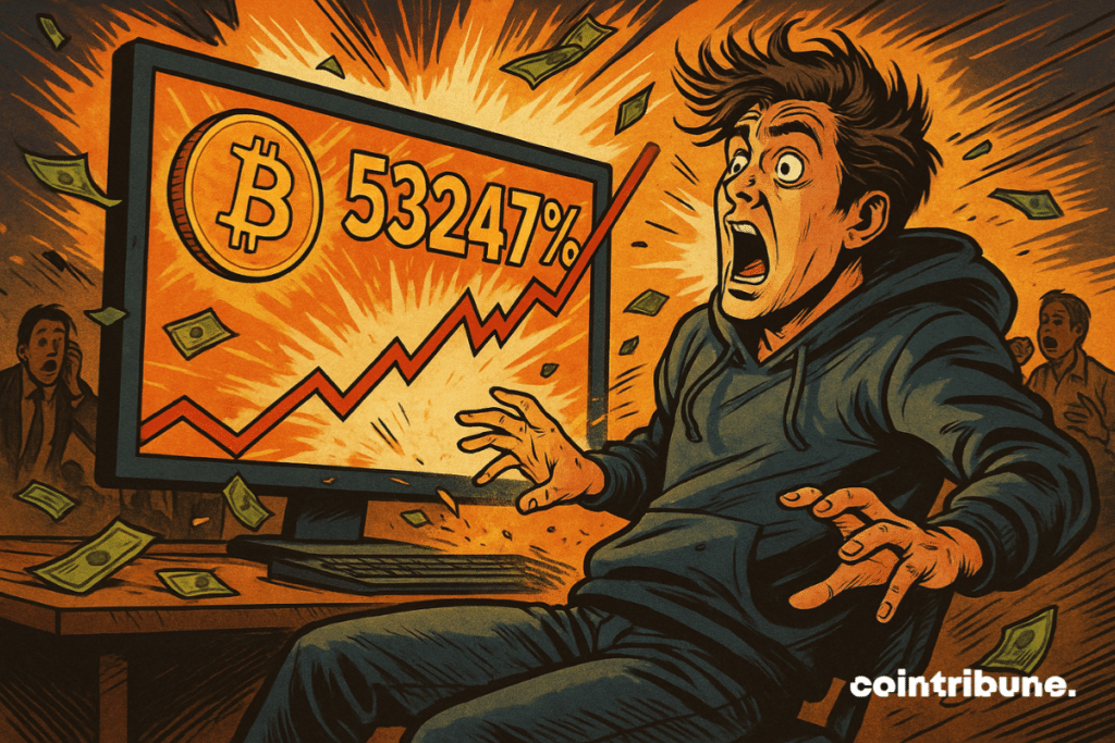 Ilustração de um trader sendo lançado para trás na cadeira pelo aumento vertiginoso do Bitcoin exibido na tela: "53.247%".