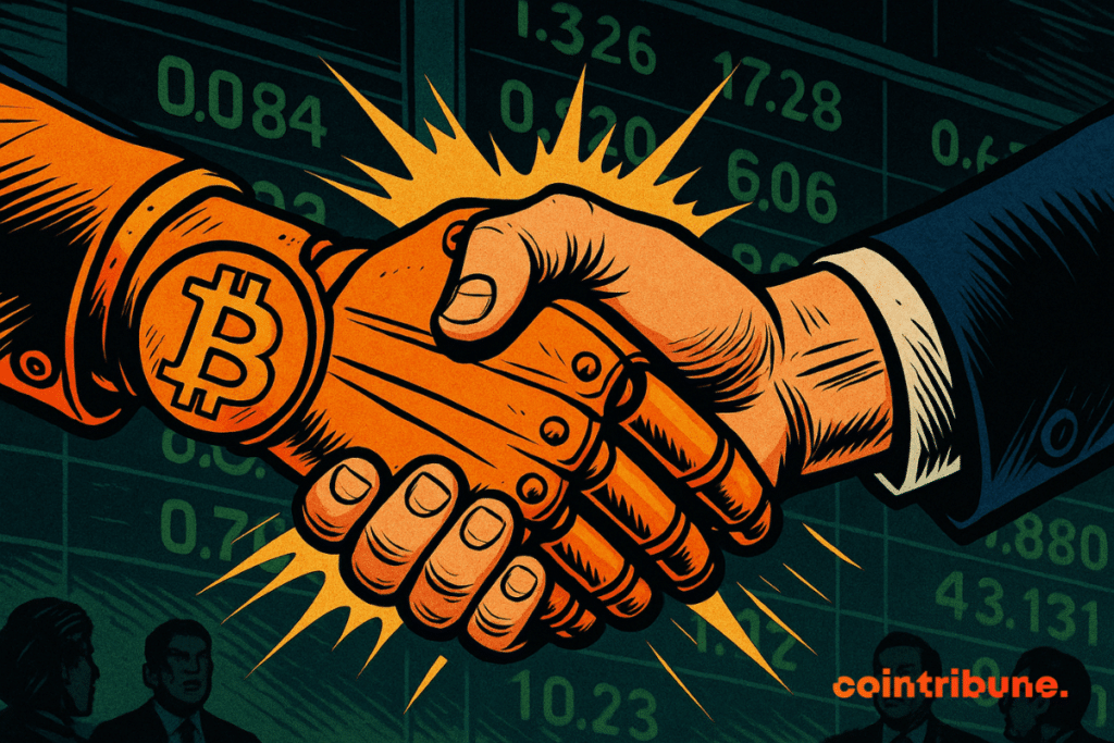 Uma mão robótica de Bitcoin e uma mão humana de um empresário apertam firmemente em frente aos números do mercado de ações, simbolizando a cooperação entre criptomoedas e finanças tradicionais.